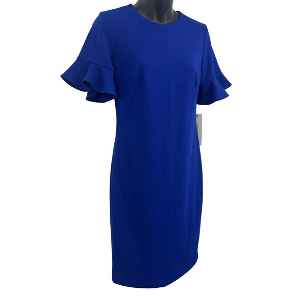 Calvin Klein Blue Ruffle Sleeve Sheath Dress Back Zip Closure Size 4 Women New - Picture 3 of 10